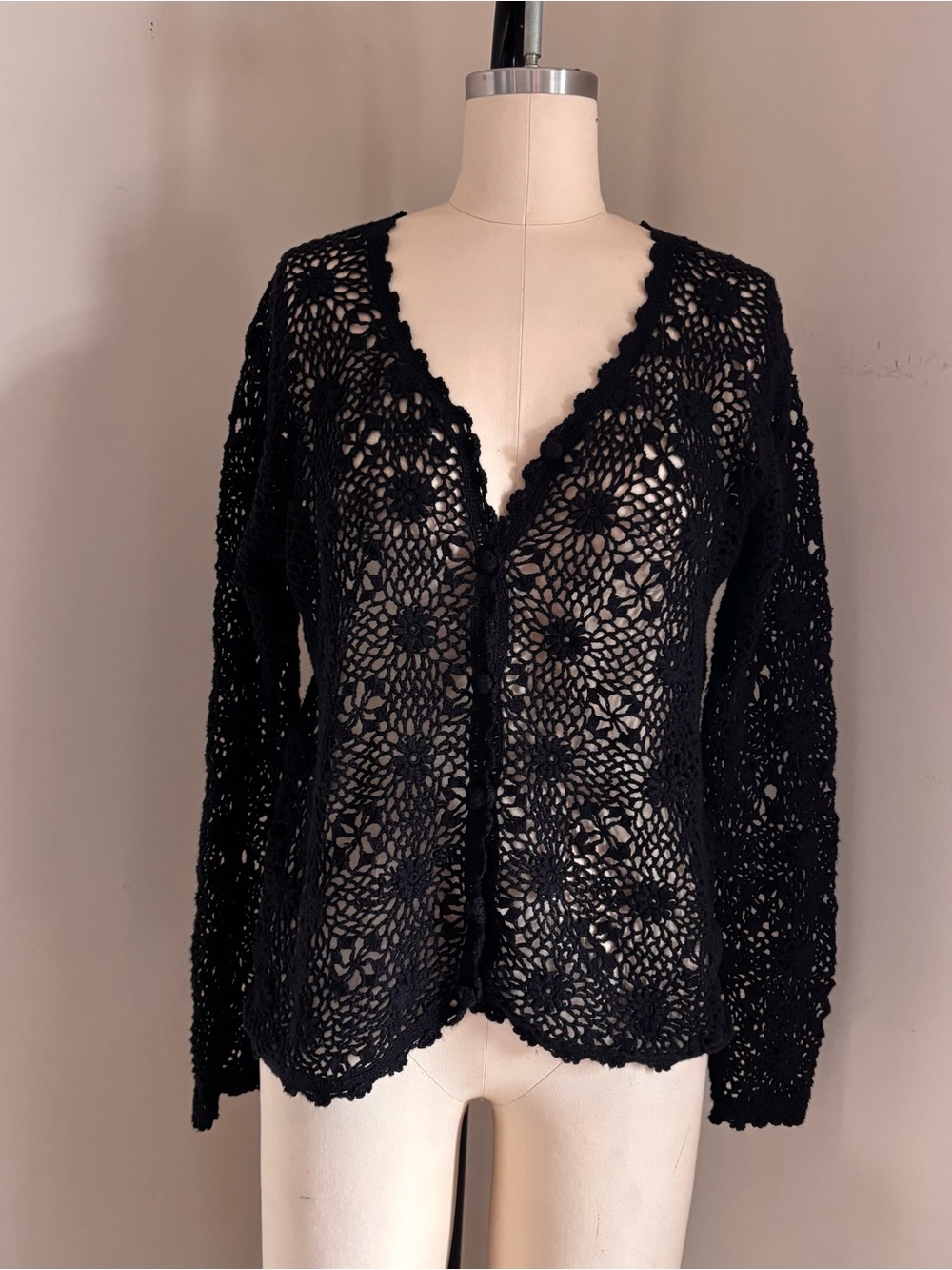 Vintage Black crochet cardigan with floral pattern and button front